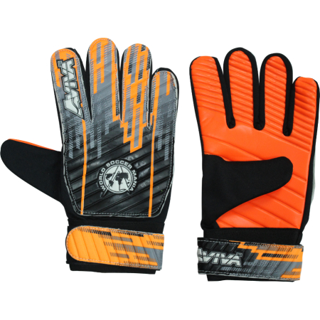Guantes de portero Aviva, disponibles en color anaranjado, con ajuste perfecto para niños y adultos.