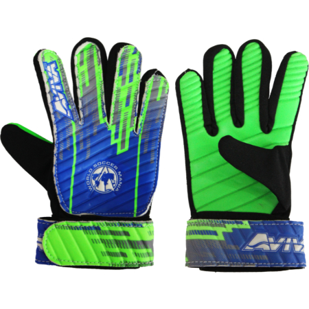 Guantes de portero Aviva, disponibles en color azul y verde, con ajuste perfecto para niños y adultos.