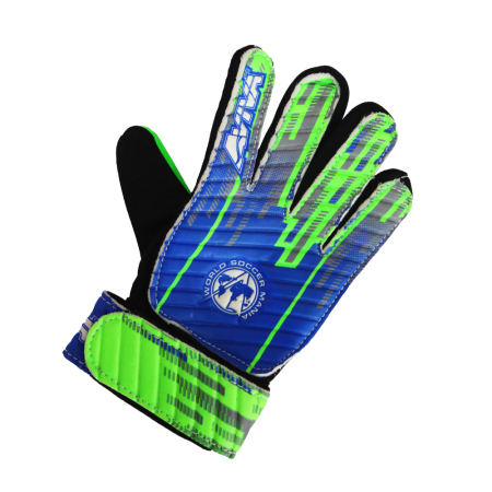 Guantes de portero Aviva, disponibles en color azul y verde, con ajuste perfecto para niños y adultos.