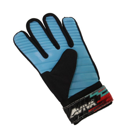 Guantes de portero Aviva, disponibles en color aqua y rojo, con ajuste perfecto para niños y adultos.