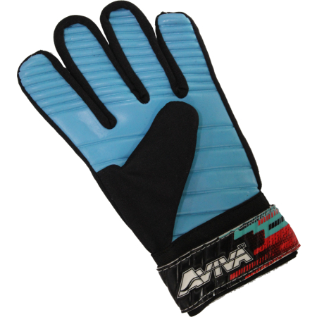 Guantes de portero Aviva, disponibles en color aqua y rojo, con ajuste perfecto para niños y adultos.