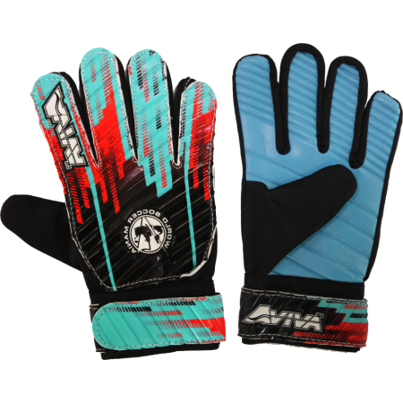 Guantes de portero Aviva, disponibles en color aqua y rojo, con ajuste perfecto para niños y adultos.