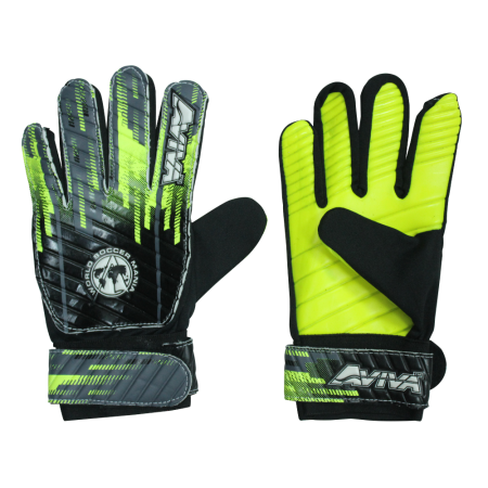 Guantes de portero Aviva, disponibles en color verde, con ajuste perfecto para niños y adultos.