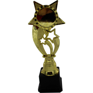 Trofeo dorado de estrellas, con espacio para sticker en estrella grande. De base color negro.