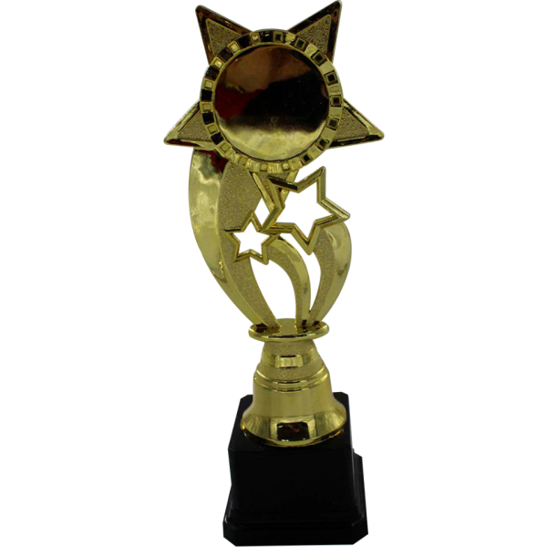 Trofeo dorado de estrellas, con espacio para sticker en estrella grande. De base color negro.