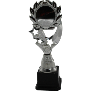 Trofeo plateado con estrellas y círculo con borde de laurel con espacio para sticker. Base color negro.