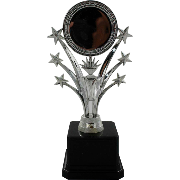 Trofeo plateado de estrellas fugaces, con círculo en área superior para sticker. Base de color negro