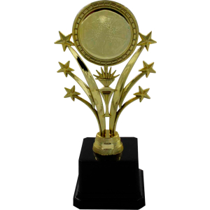 Trofeo dorado de estrellas fugaces, con círculo en área superior para sticker. Base de color negro