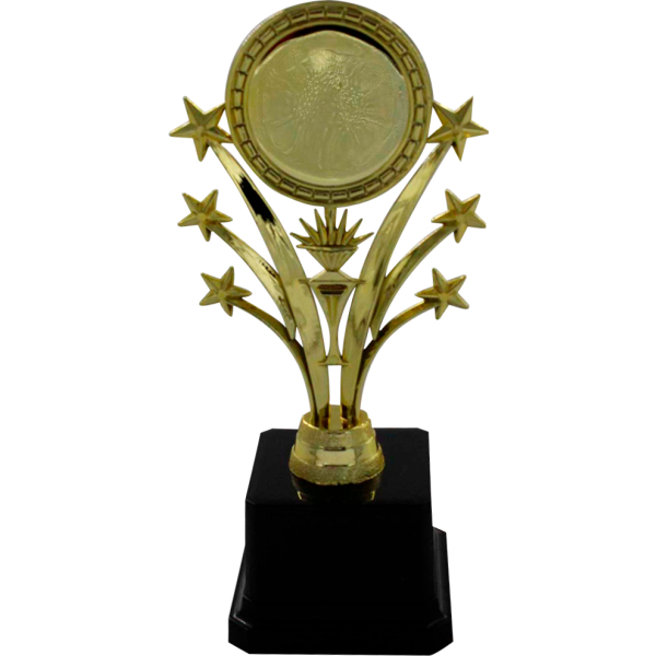 Trofeo dorado de estrellas fugaces, con círculo en área superior para sticker. Base de color negro