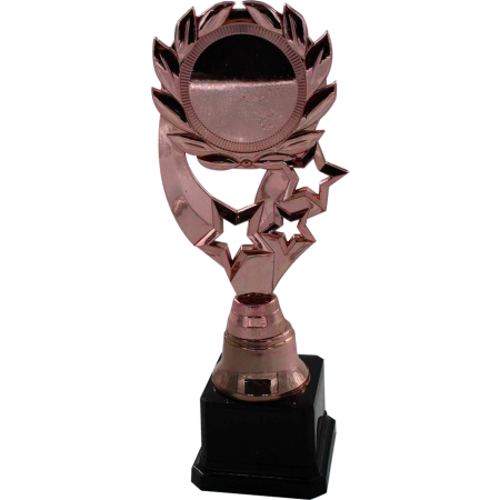 Trofeo rose gold con estrellas y círculo con borde de laurel con espacio para sticker. Base color negro.