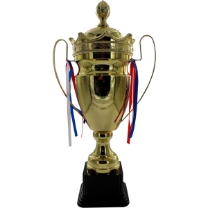 Trofeo dorado de copa, con orejas y borde superior de diseño tipo corona. Base color negro.