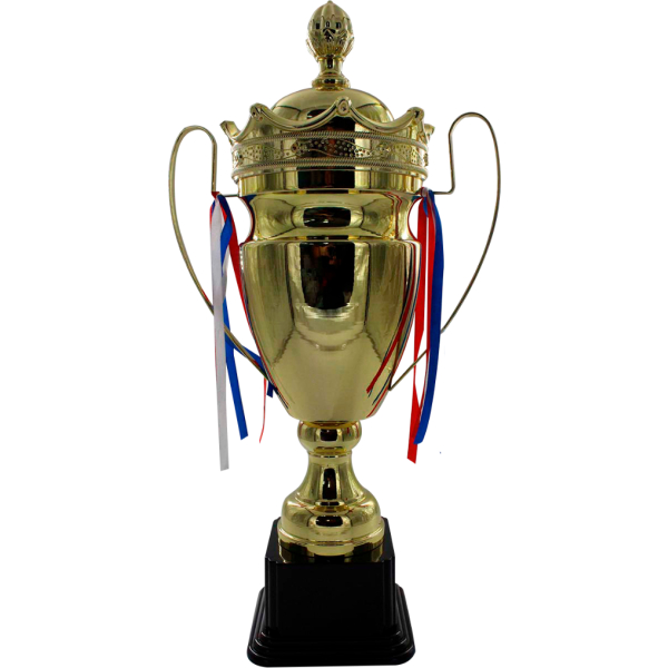 Trofeo dorado de copa, con orejas y borde superior de diseño tipo corona. Base color negro.
