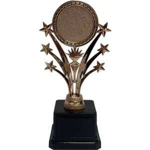 Trofeo rose gold de estrellas fugaces, con círculo en área superior para sticker. Base de color negro