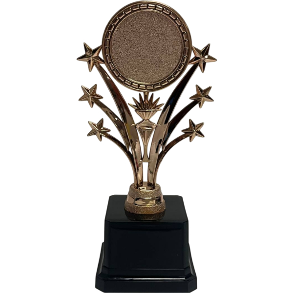 Trofeo rose gold de estrellas fugaces, con círculo en área superior para sticker. Base de color negro