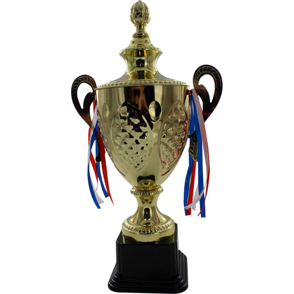Trofeo dorado de copa, con orejas, detalles con forma de hojas con interior de rombos convexos y base color negro.