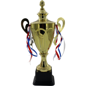 Trofeo dorado de copa, con orejas, detalles de óvalos verticales y base color negro.