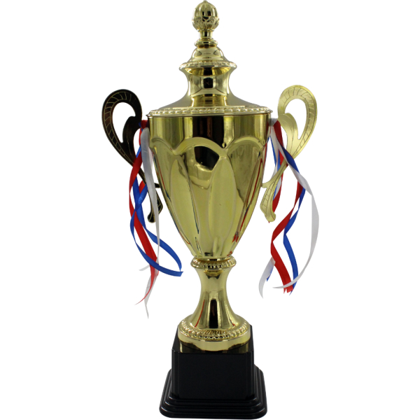 Trofeo dorado de copa, con orejas, detalles de óvalos verticales y base color negro.
