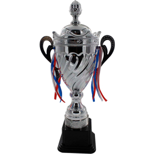 Trofeo plateado de copa, con orejas y borde superior de diseño tipo corona. Base color negro.