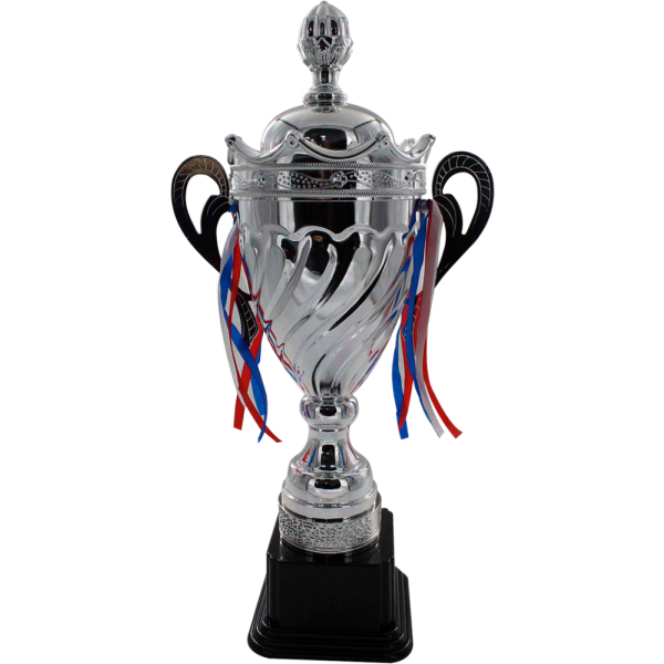 Trofeo plateado de copa, con orejas y borde superior de diseño tipo corona. Base color negro.