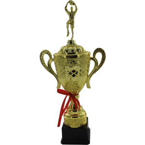 Trofeo dorado tipo copa con orejas y figura de atleta de baloncesto con balón, para primer lugar.