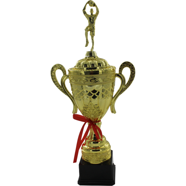 Trofeo dorado tipo copa con orejas y figura de atleta de baloncesto con balón, para primer lugar.