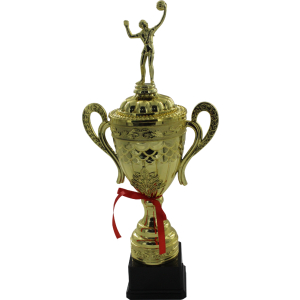 Trofeo dorado tipo copa con orejas y figura de atleta de volleyball con balón, para primer lugar.