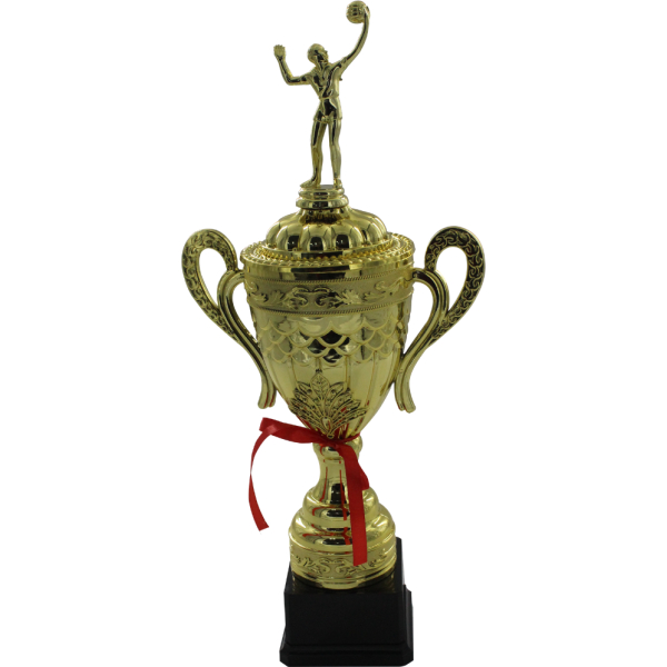 Trofeo dorado tipo copa con orejas y figura de atleta de volleyball con balón, para primer lugar.
