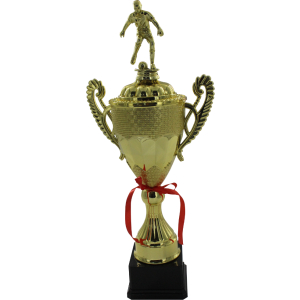 Trofeo dorado tipo copa con orejas y figura de atleta de fútbol con balón, para primer lugar.