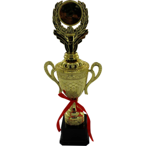 Trofeo dorado tipo copa con orejas, con figura superior de medio arco de laurel que sostiene el círculo con espacio para sticker.