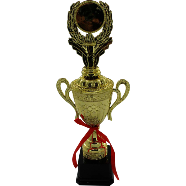 Trofeo dorado tipo copa con orejas, con figura superior de medio arco de laurel que sostiene el círculo con espacio para sticker.
