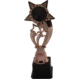 Trofeo gold rose de estrellas, con espacio para sticker en estrella grande. De base color negro.
