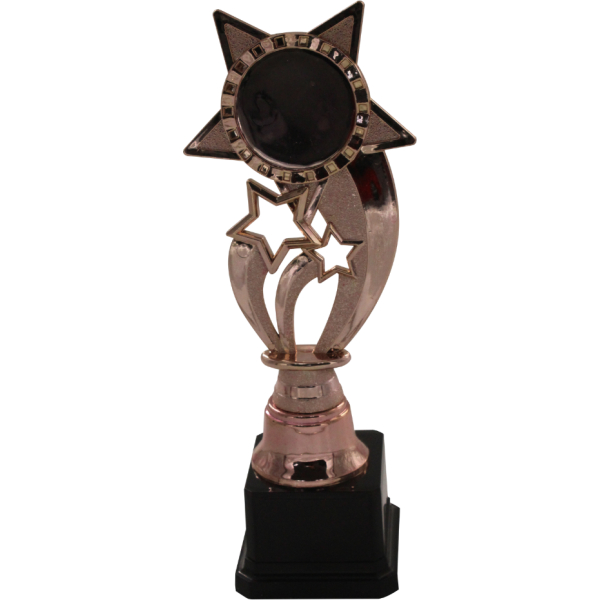 Trofeo gold rose de estrellas, con espacio para sticker en estrella grande. De base color negro.