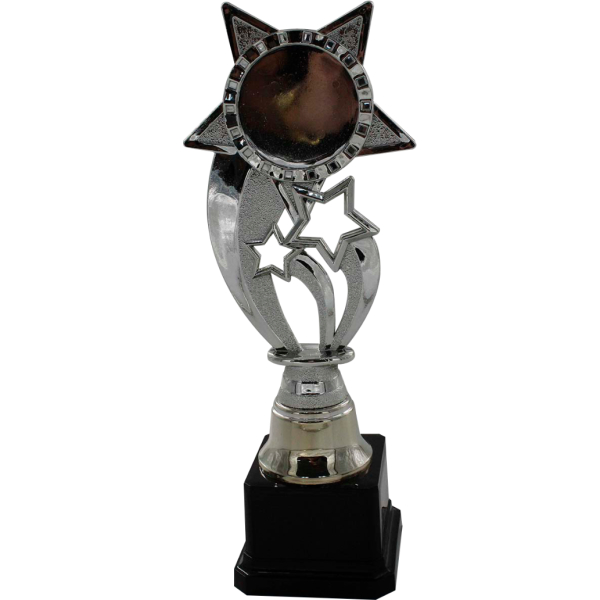 Trofeo plateado de estrellas, con espacio para sticker en estrella grande. De base color negro.