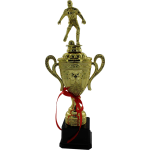 Trofeo dorado tipo copa con orejas y figura de atleta de fútbol con balón, para primer lugar.
