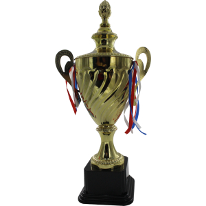 Trofeo dorado de copa, con orejas, detalles de óvalos verticales y base color negro.